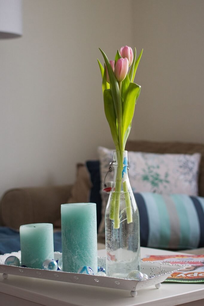 living room, decoration, tulips, candle holder, vase, candle, blue, pink, living room, living room, candle holder, candle holder, candle holder, candle holder, candle holder, candle, candle, candle